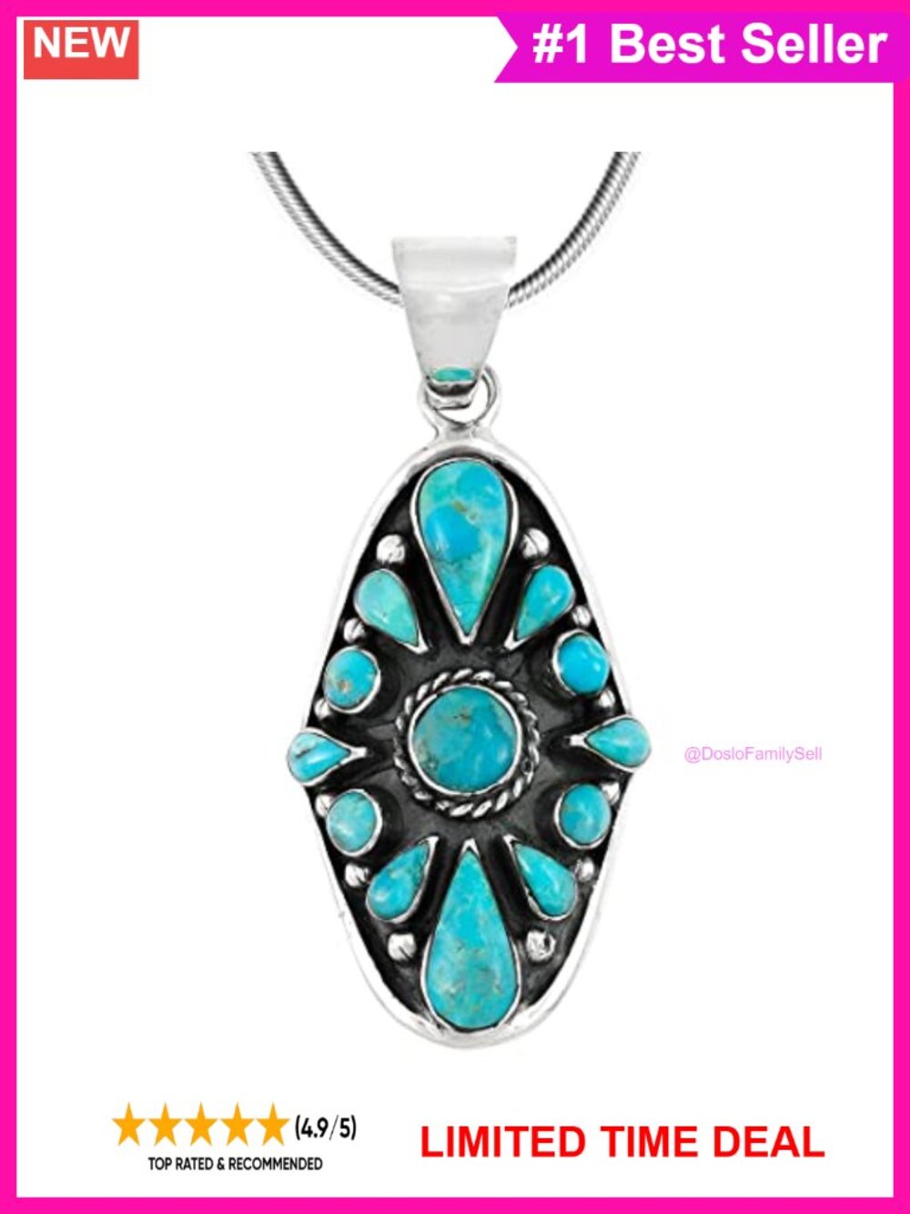 Sterling Silver Turquoise Pendant Necklace 20" Snake Chain Southwestern